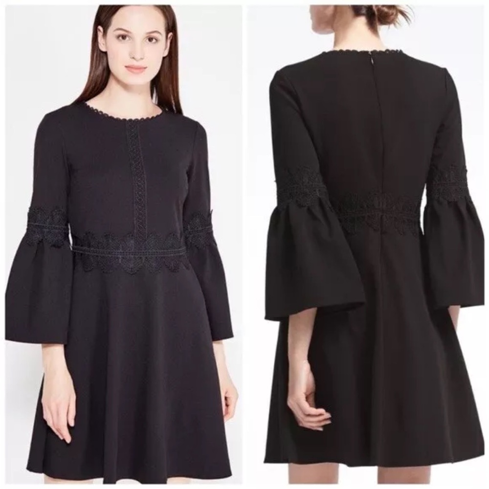BANANA REPUBLIC Flare-Sleeved Lace Embellished Black Dress Pockets Lined